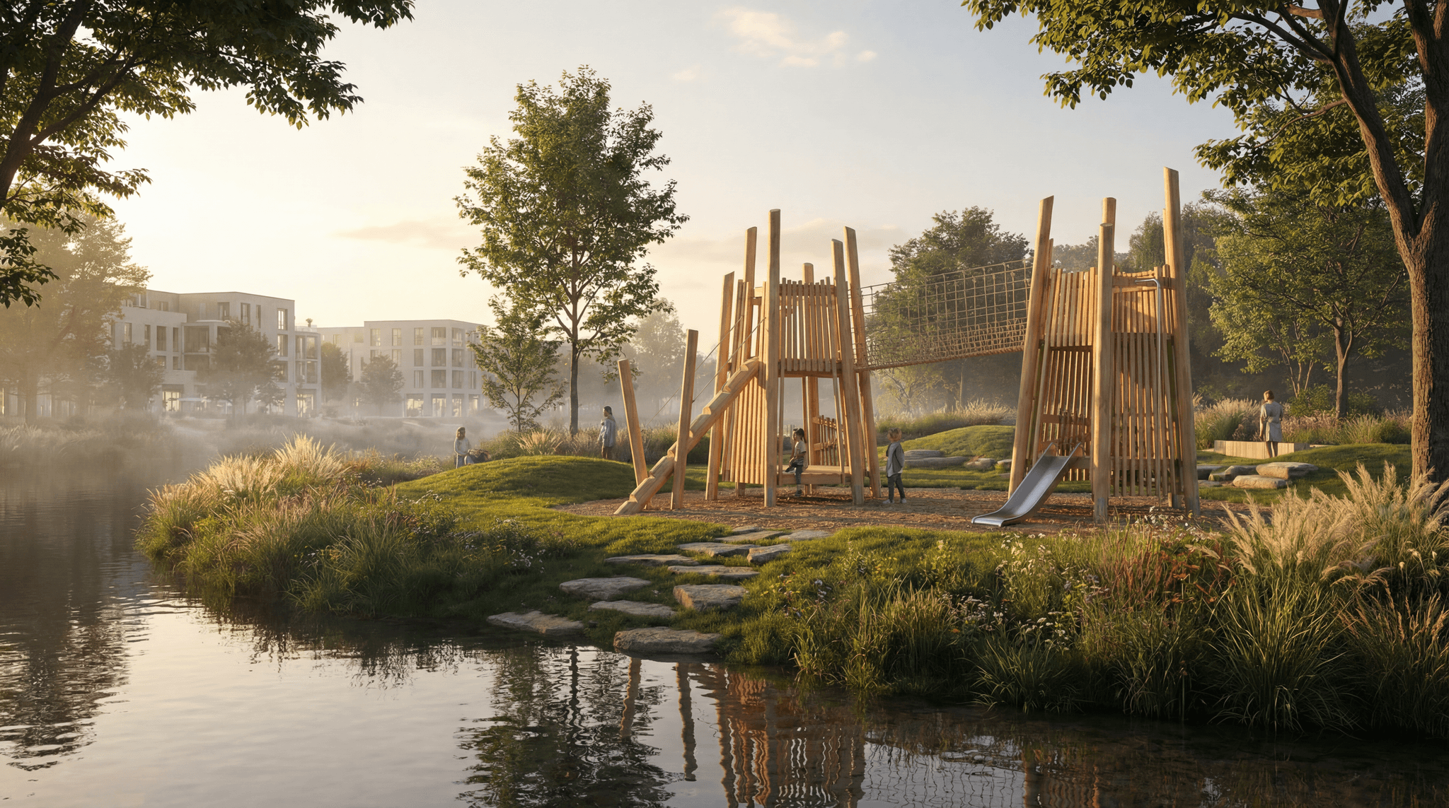 Conceptual playground with sweeping timber structures