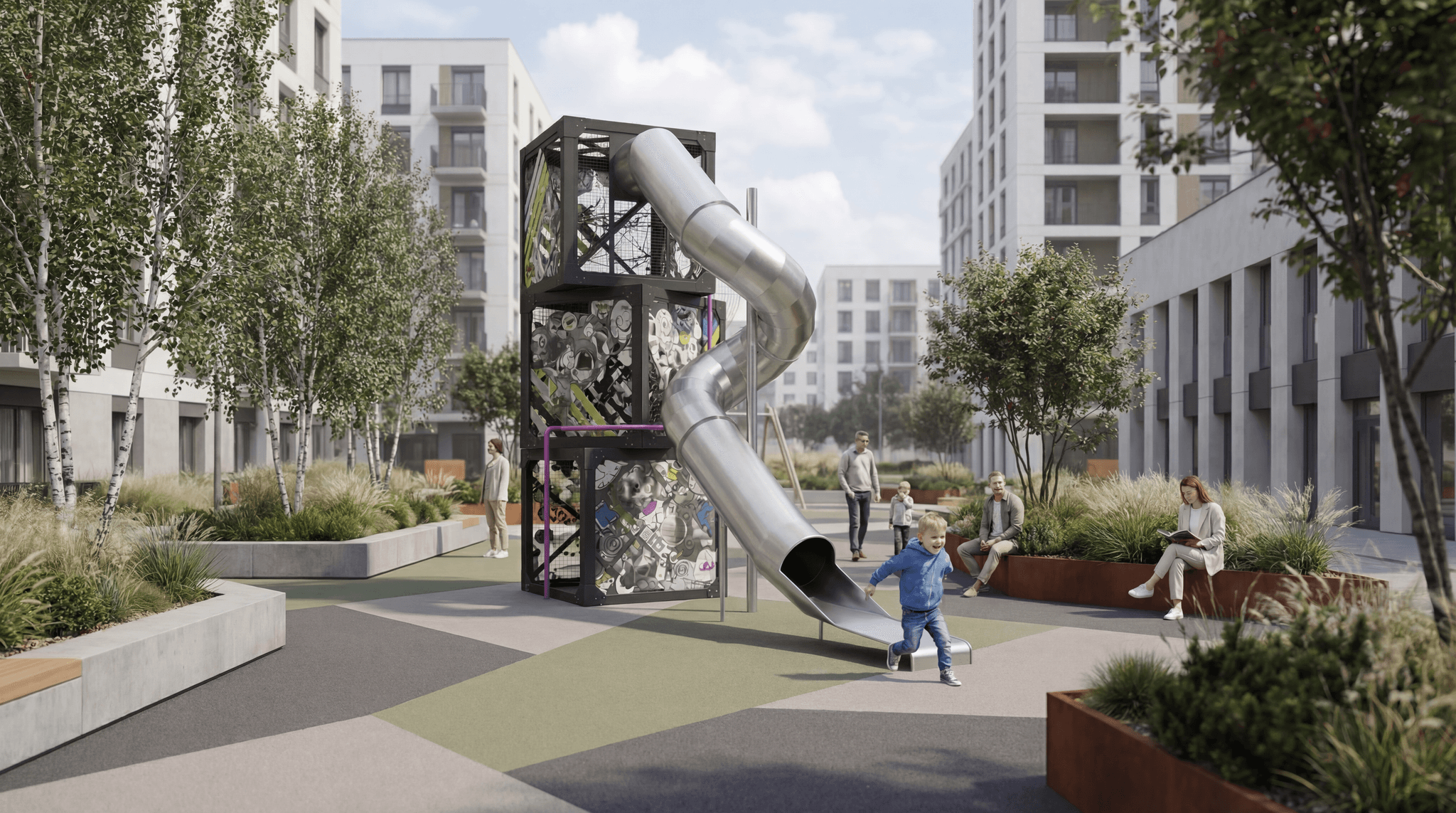 Futuristic play tower set within parkland