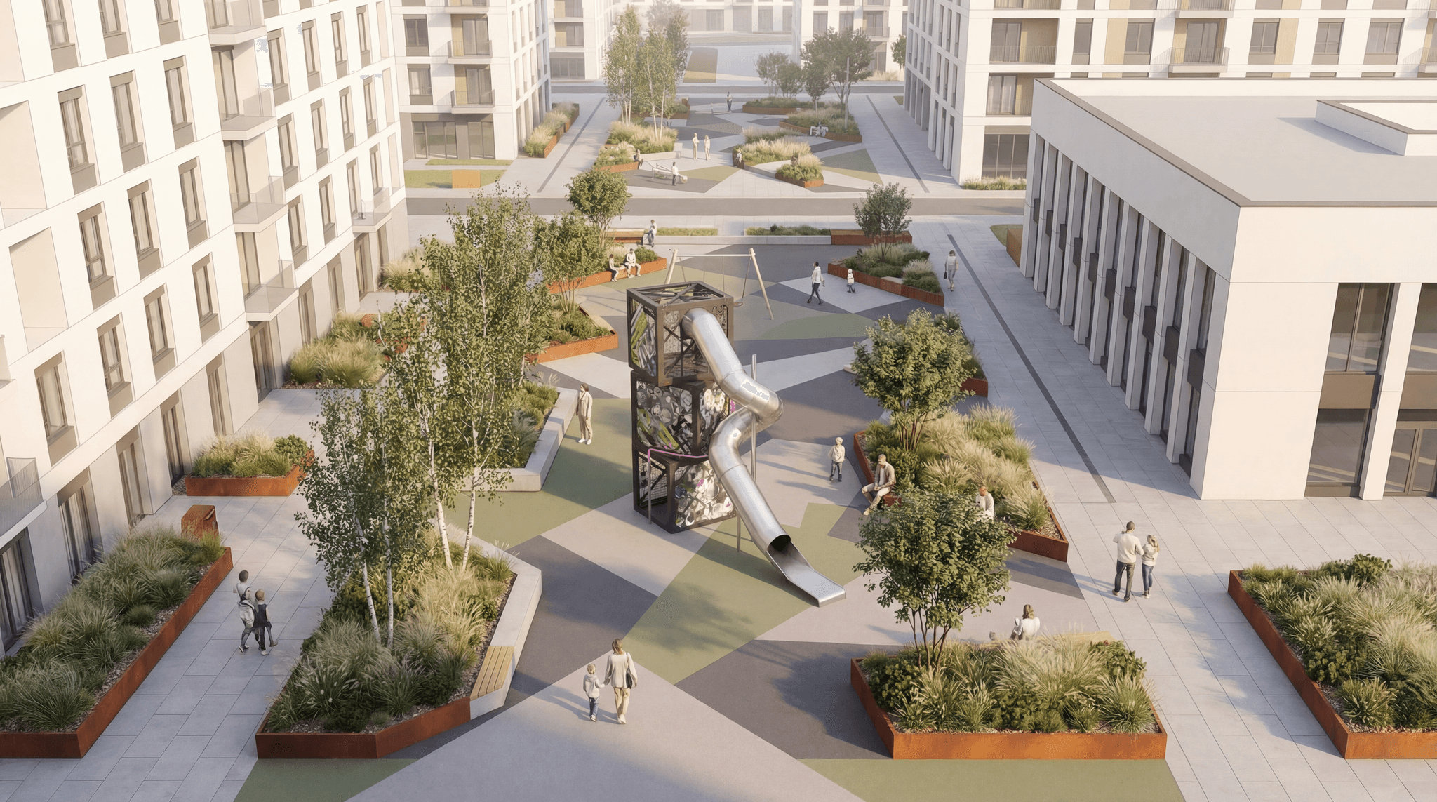 Water play area with sculptural features